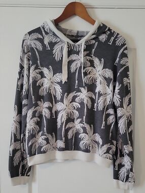 Belle by Belldini Women's Gray & White Palm Print Hoodie Sweatshirt-LG